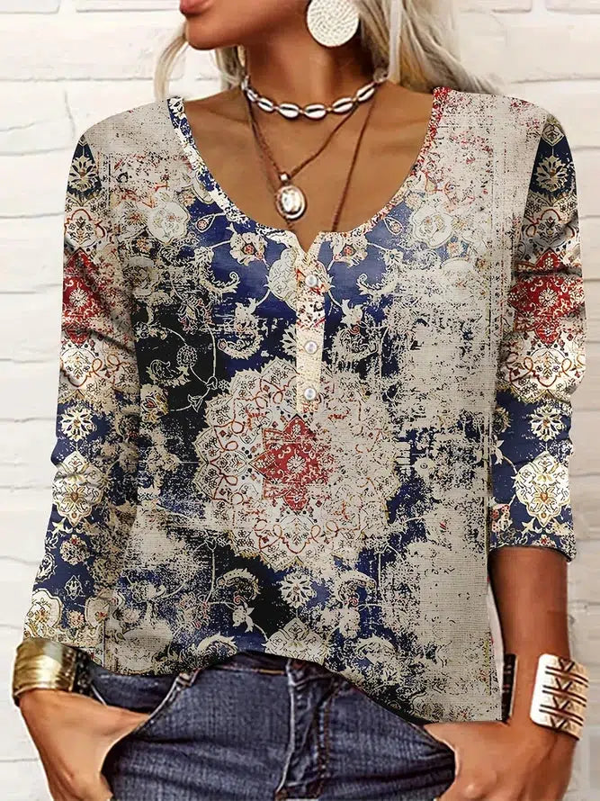 Retro Print Round Neck Top