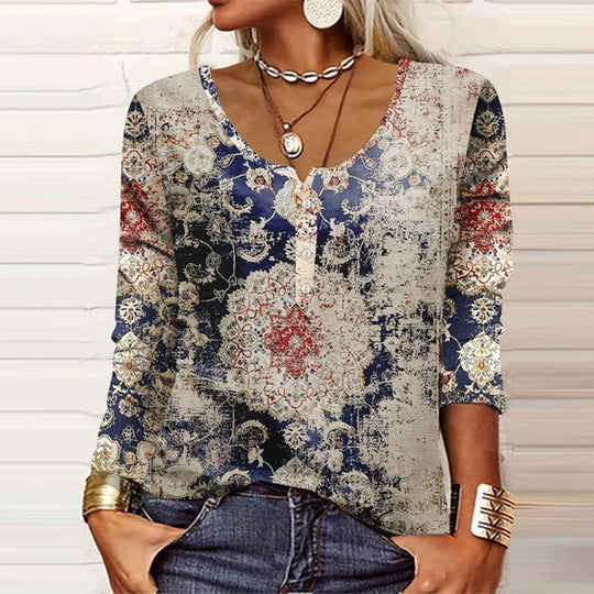 Retro Print Round Neck Top